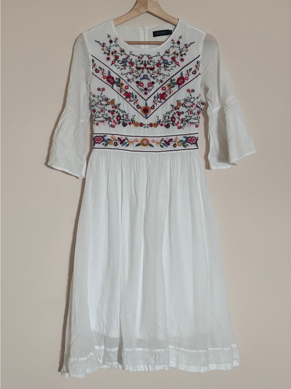 ROOLEE White Midi Dress with Multicolor Floral Embroidery